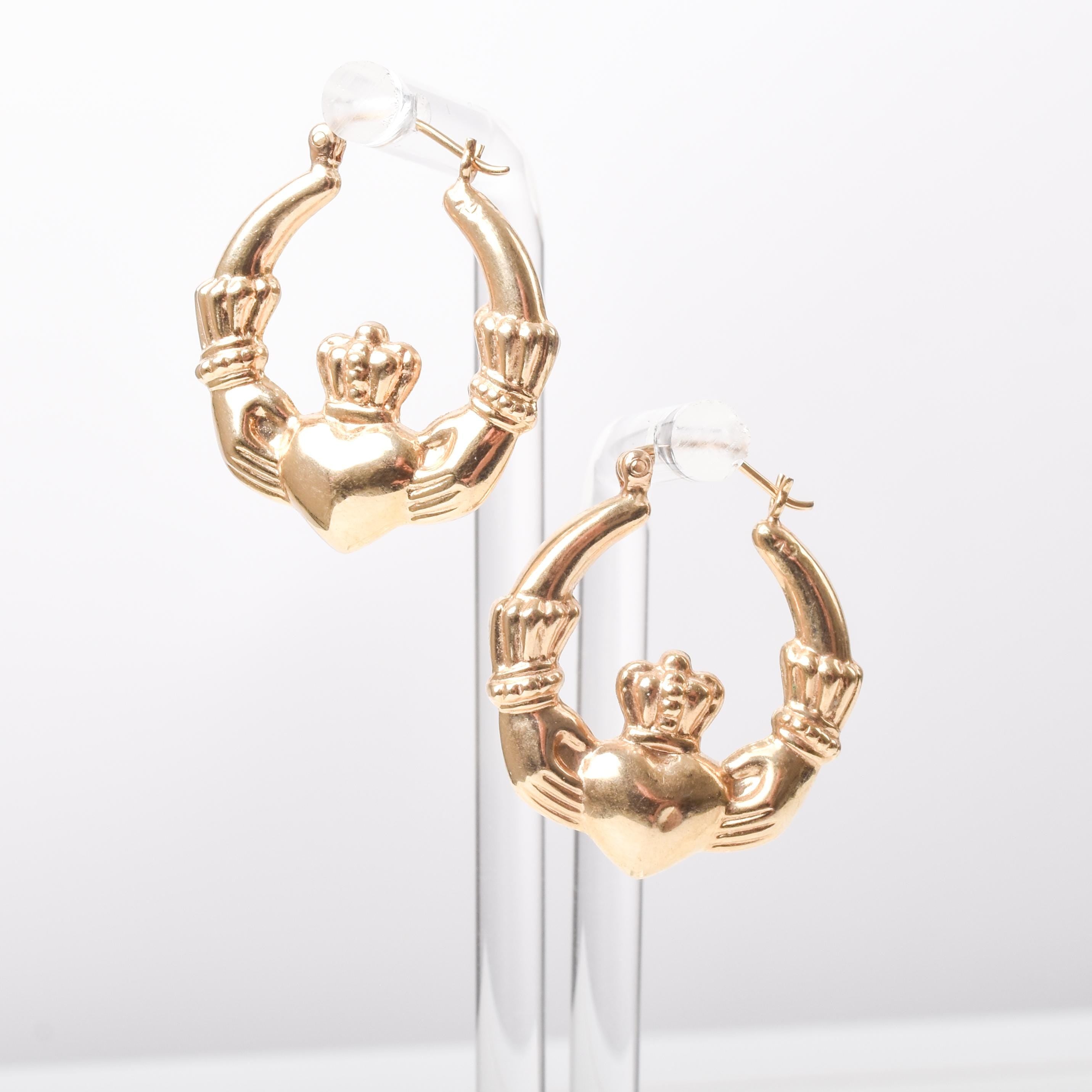 Vintage 14K Gold Claddagh Hoop Earrings