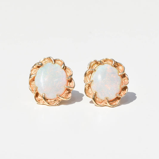 Vintage Round Button 14K Gold Opal Stud Earrings