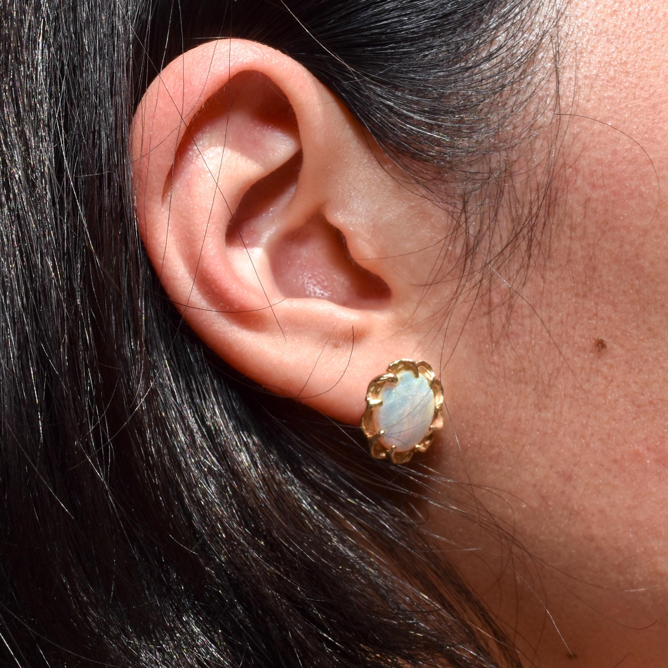 Vintage Round Button 14K Gold Opal Stud Earrings