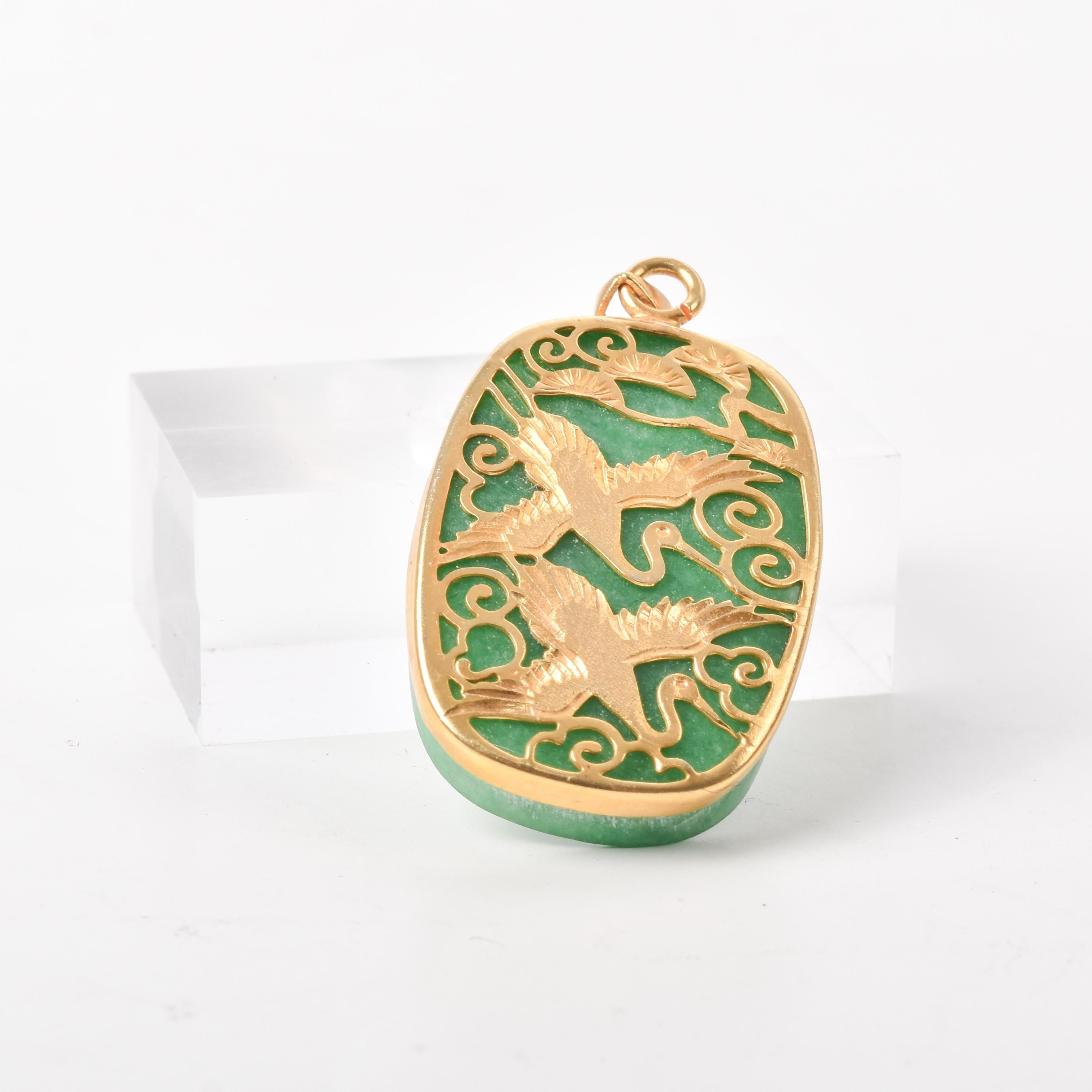 10K Gold Plated Jade Pendant with Swan Carved Overlay