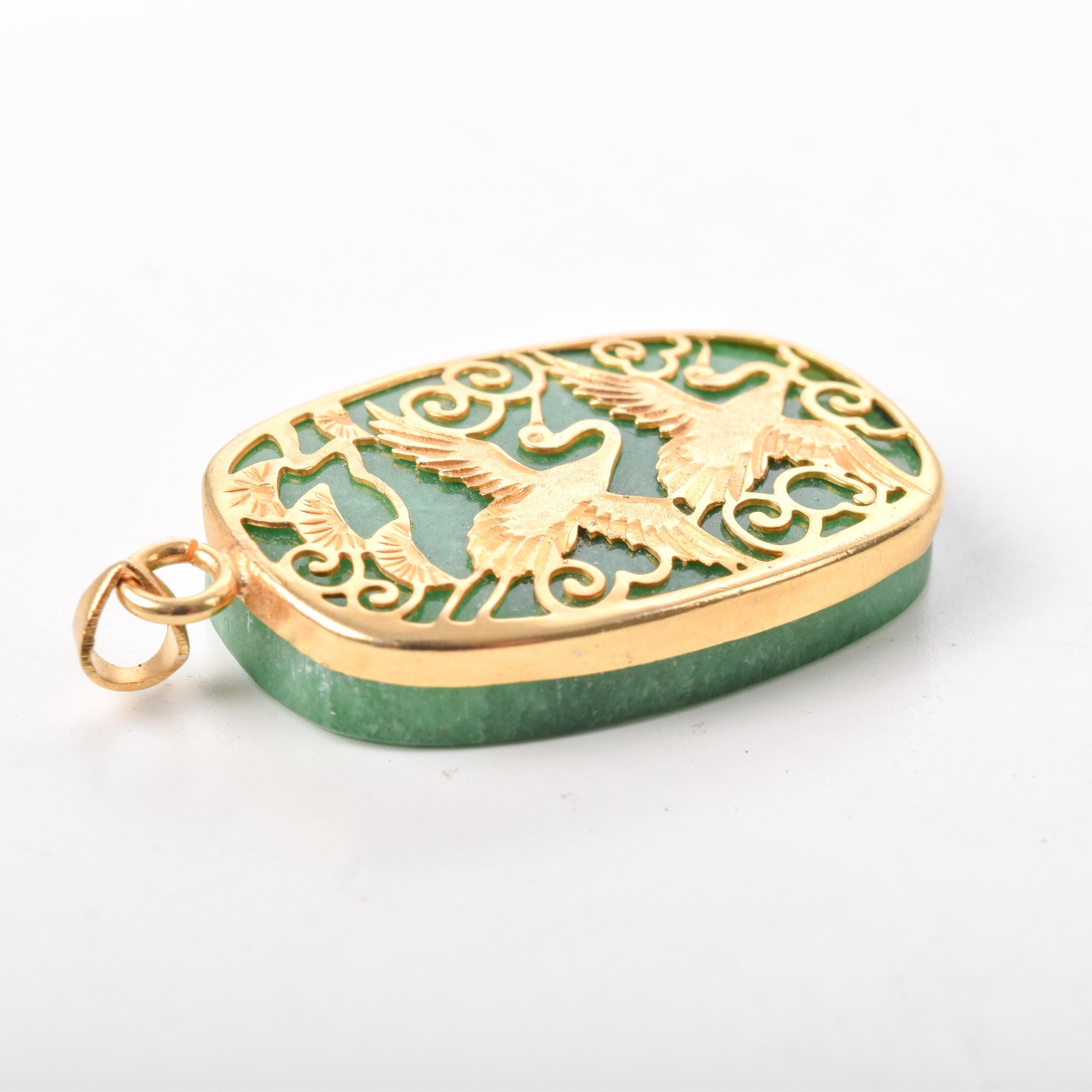 10K Gold Plated Jade Pendant with Swan Carved Overlay