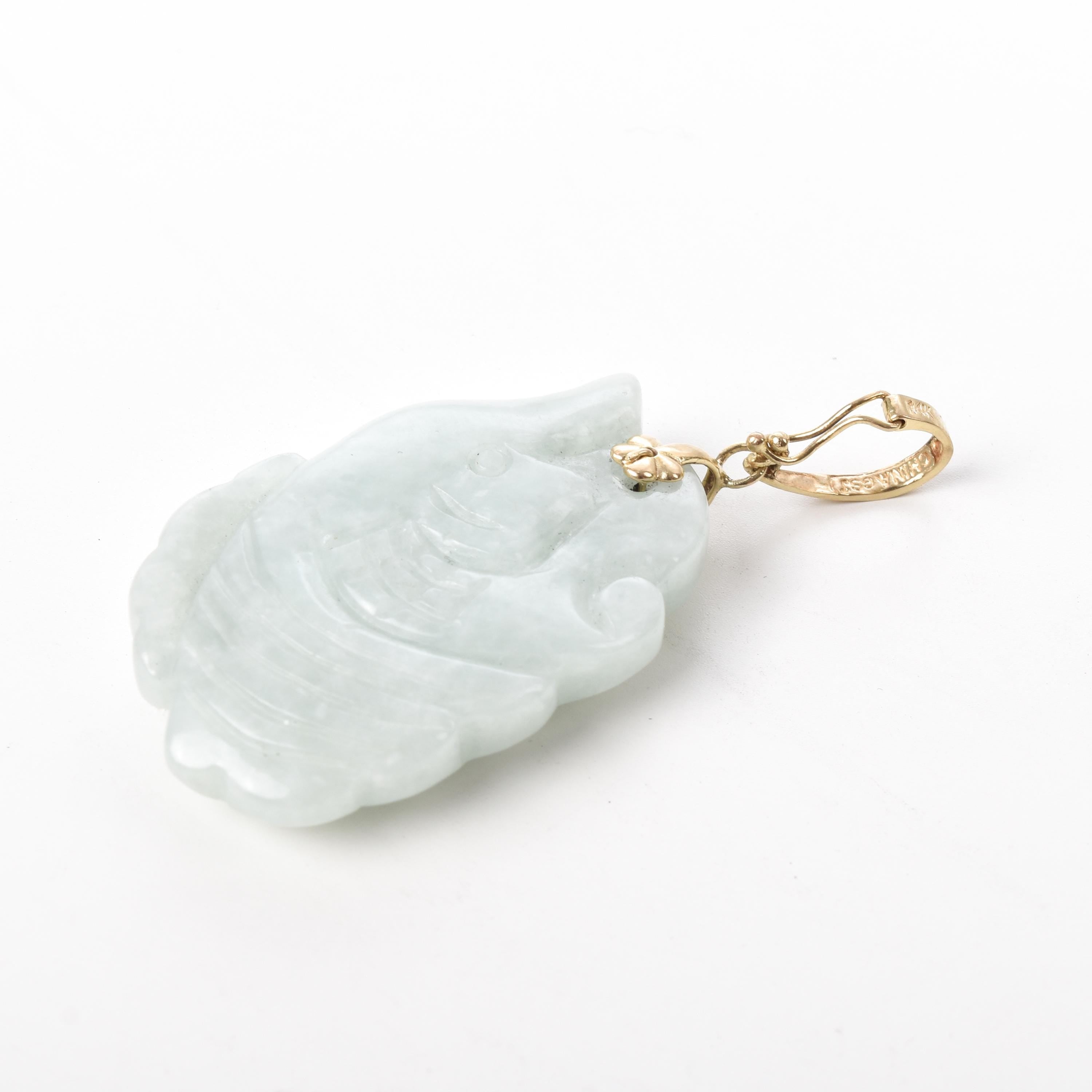 14K Gold Carved White Jade Fish Pendant