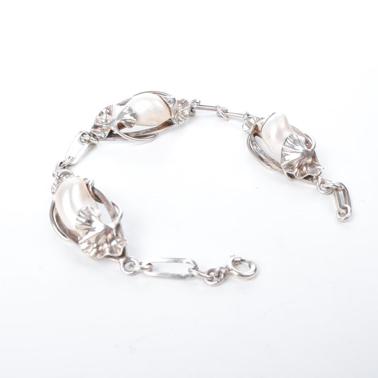 Vintage Freshwater Pearl Sterling Silver Lotus Leaf Bracelet