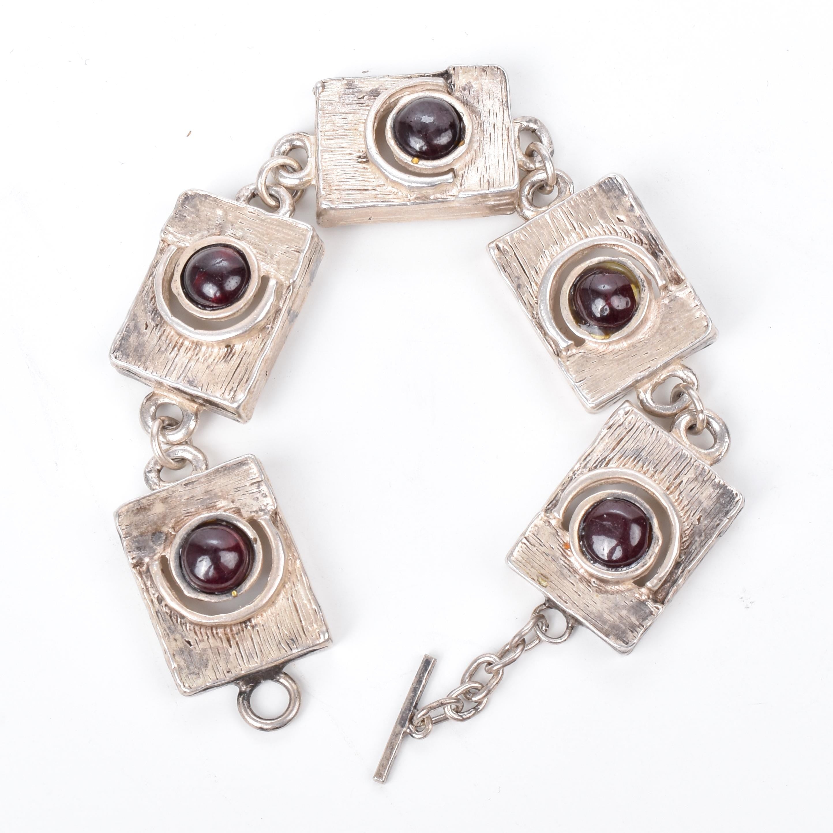 Vintage Square Link Garnet Cabochon Israeli Silver Bracelet