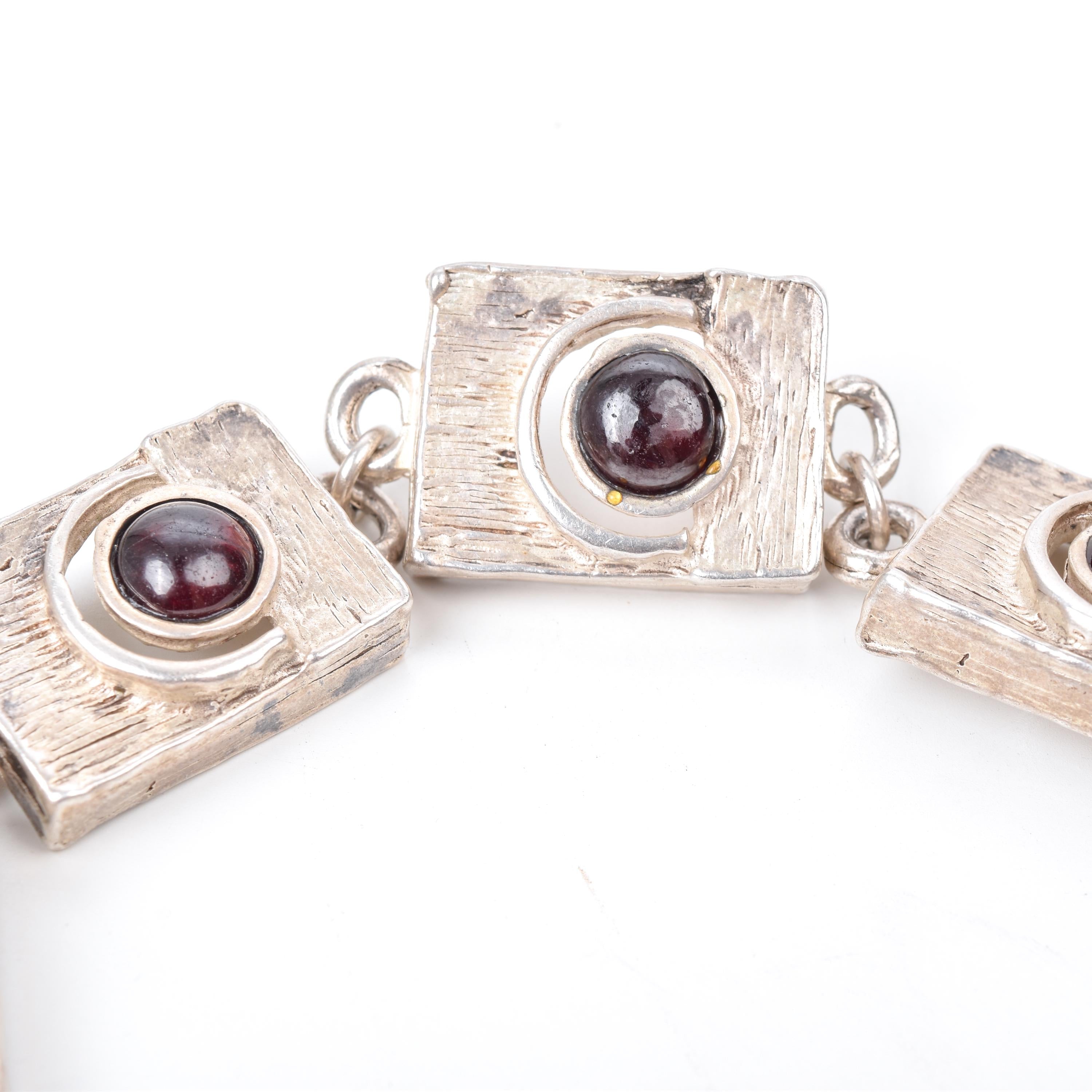 Vintage Square Link Garnet Cabochon Israeli Silver Bracelet