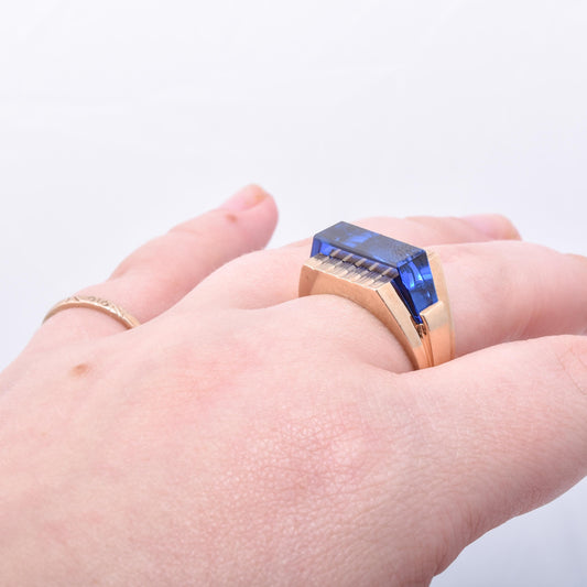 10K Mens Blue Stone Gold Ring, Vintage Rectangular Blue Glass Etched Gold Ring, Sapphire Like Ring, Size 9 3/4