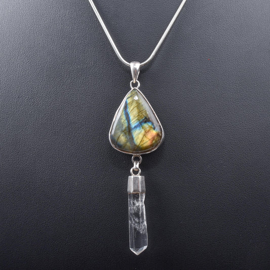 Vintage Blue Labradorite and Quartz Silver Pendant