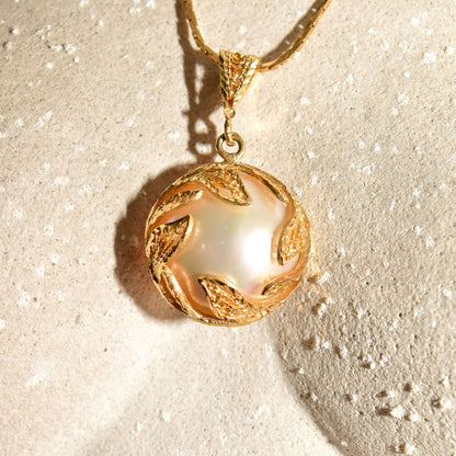 14K Filigree Mabe Pearl Pendant, Beautiful Leaf Overlay, Mother Of Pearl Backing, 34mm