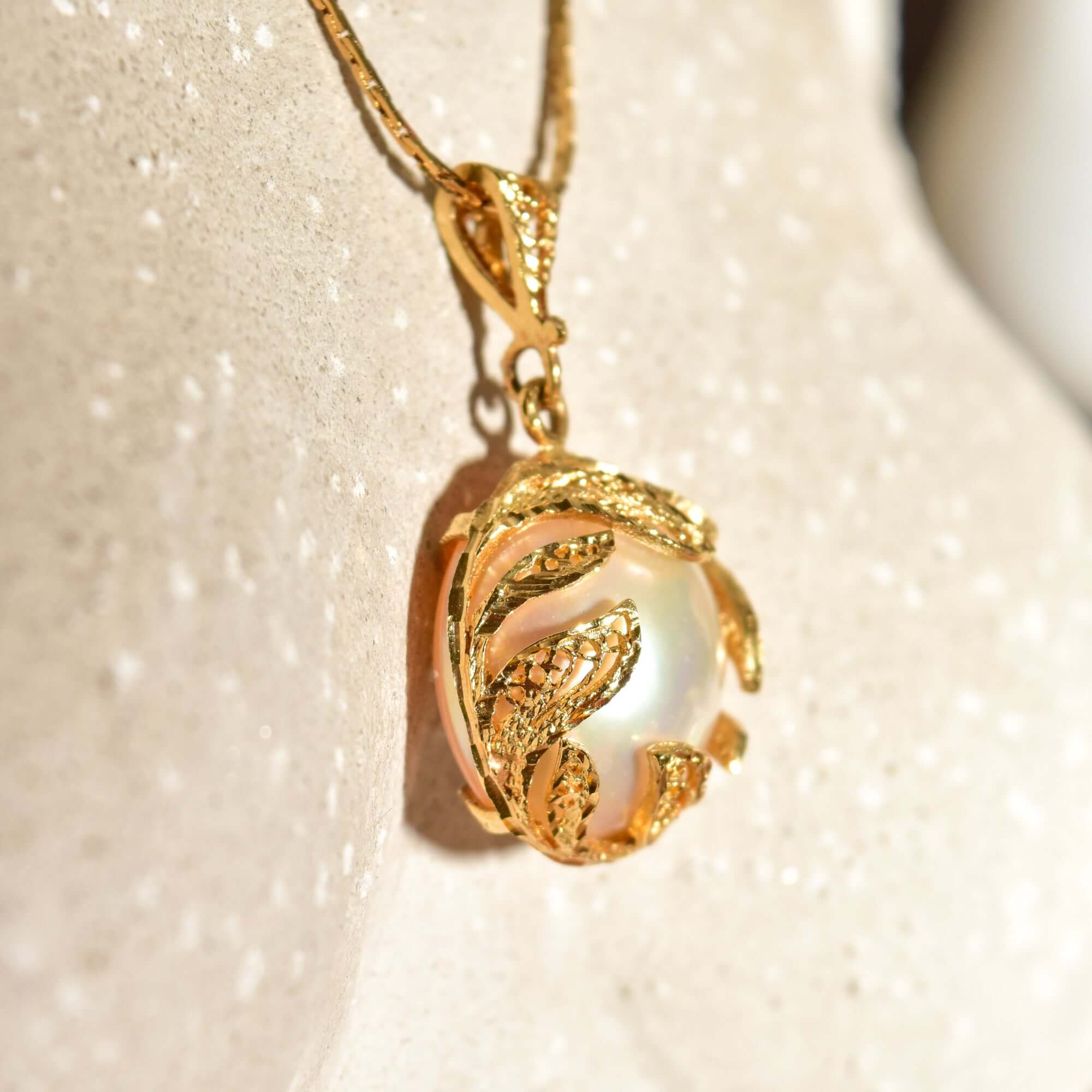 14K Filigree Mabe Pearl Pendant, Beautiful Leaf Overlay, Mother Of Pearl Backing, 34mm