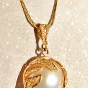 14K Filigree Mabe Pearl Pendant, Beautiful Leaf Overlay, Mother Of Pearl Backing, 34mm