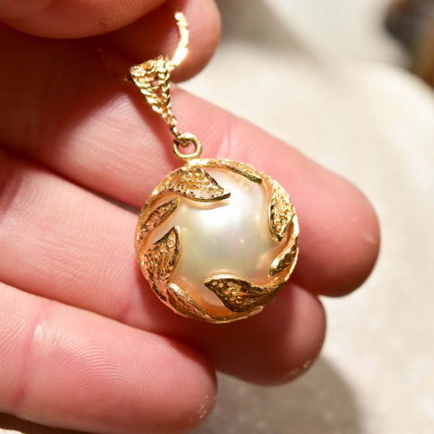 14K Filigree Mabe Pearl Pendant, Beautiful Leaf Overlay, Mother Of Pearl Backing, 34mm