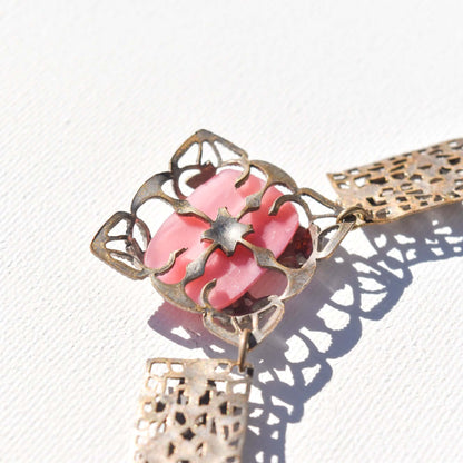 Art Nouveau Czech Pink Peking Glass Grape Motif Necklace
