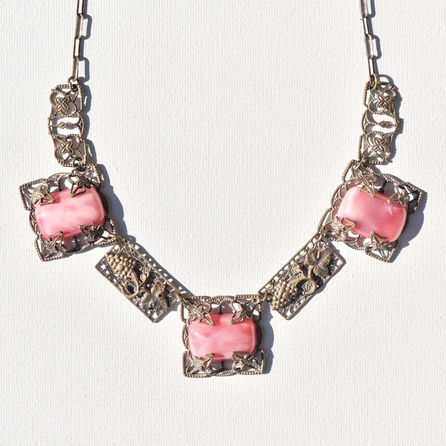 Art Nouveau Czech Pink Peking Glass Grape Motif Necklace