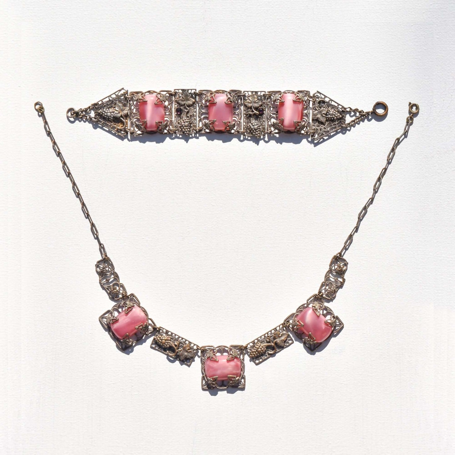Art Nouveau Czech Pink Peking Glass Grape Motif Bracelet