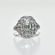 Art Deco Platinum Diamond Dinner Ring W/ Emerald & Ruby Accents, Size 6.75 Scant