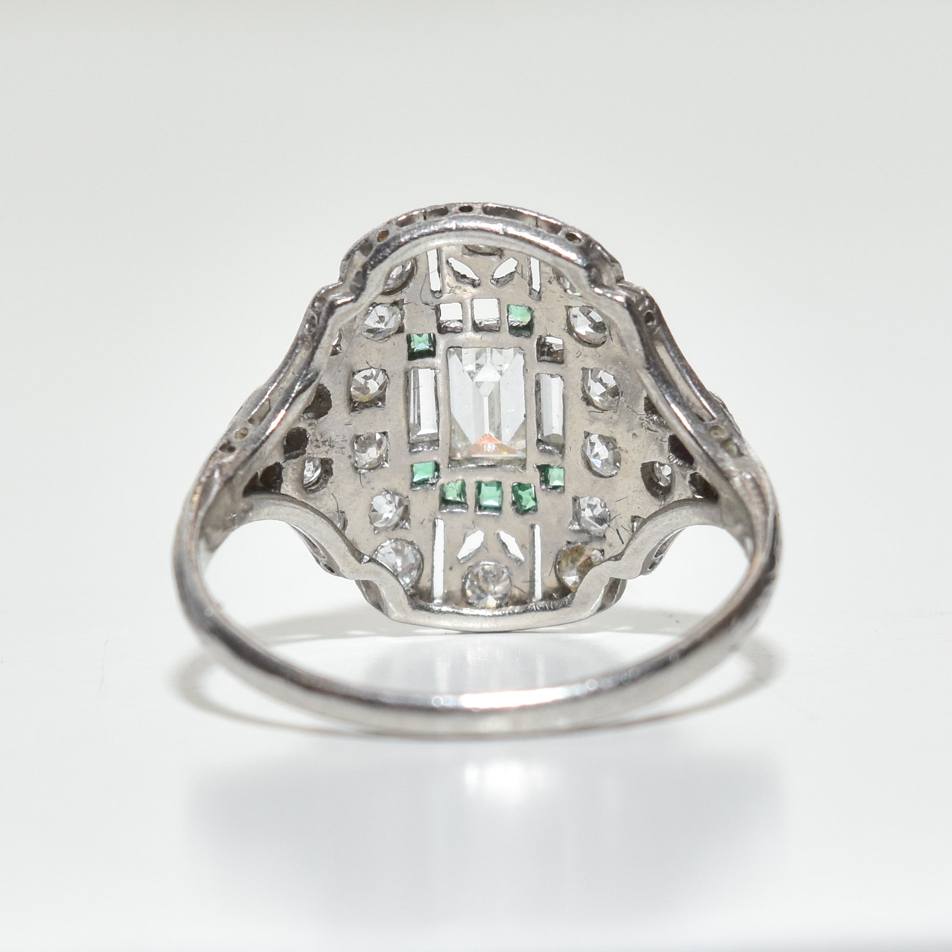 Art Deco Platinum Diamond Dinner Ring W/ Emerald & Ruby Accents, Size 6.75 Scant