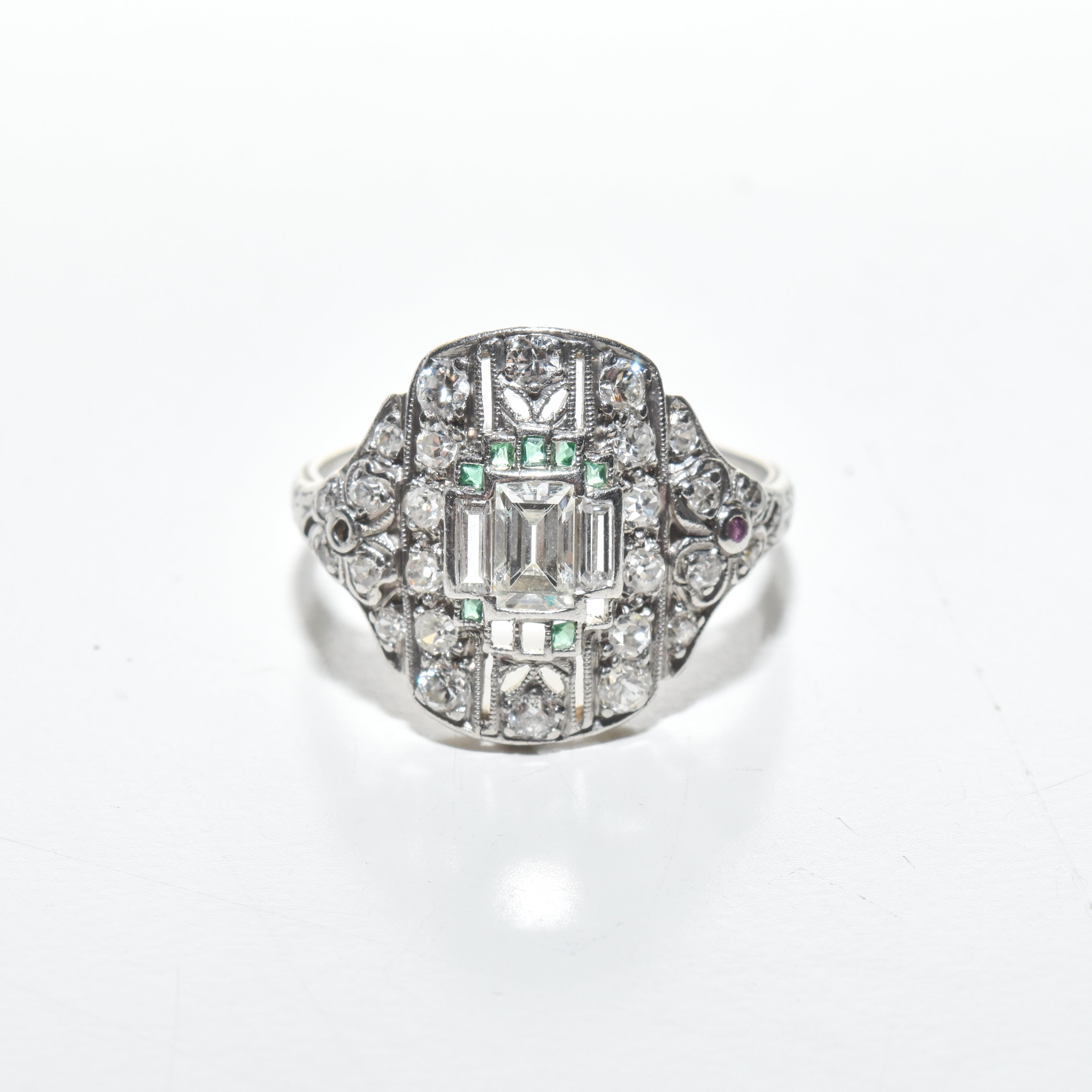 Art Deco Platinum Diamond Dinner Ring W/ Emerald & Ruby Accents, Size 6.75 Scant