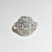 Art Deco Platinum Diamond Dinner Ring W/ Emerald & Ruby Accents, Size 6.75 Scant