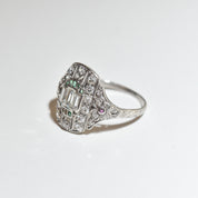 Art Deco Platinum Diamond Dinner Ring W/ Emerald & Ruby Accents, Size 6.75 Scant