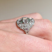 Art Deco Platinum Diamond Dinner Ring W/ Emerald & Ruby Accents, Size 6.75 Scant