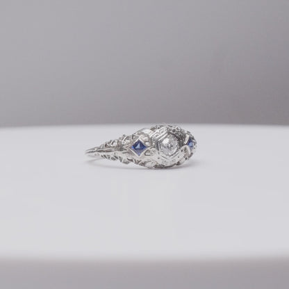Art Deco 18K White Gold Diamond Sapphire Filigree Engagement Ring, Natural Diamonds & Synthetic Sapphires, 6 1/4 US