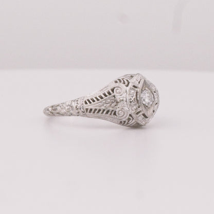 Art Deco 18K Filigree Diamond Solitaire Ring, .08 CT Brilliant Diamond, Size 6 1/4 US