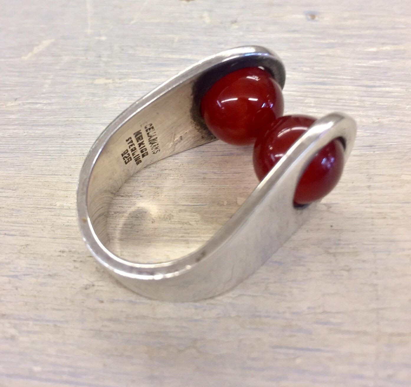 Sterling silver ring with two red carnelian cabochon stones from Taxco, Mexico by Celia Harms Jewelry