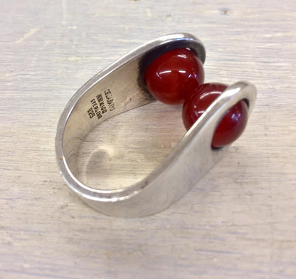 Sterling silver ring with two red carnelian cabochon stones from Taxco, Mexico by Celia Harms Jewelry