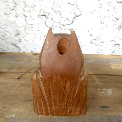 Hand-carved wooden owl pencil holder featuring a hollow interior for storing writing utensils, crafted in a vintage folk art style, ideal as a unique back-to-school gift or desk organizer for teachers.