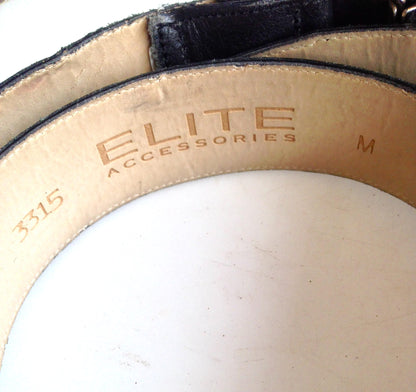 Vintage black leather belt with engraved silver oval buckle displaying the Elite Accessories brand name, showing minor wear on the leather surface.