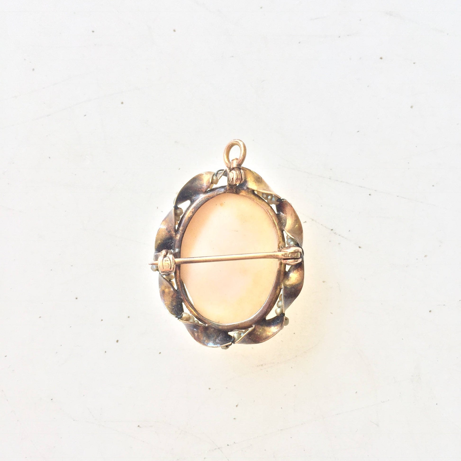 10 karat yellow gold vintage cameo brooch or pendant featuring an oval shell cameo set in an ornate frame with bead and rope detailing around the edge, photographed on a plain white background.