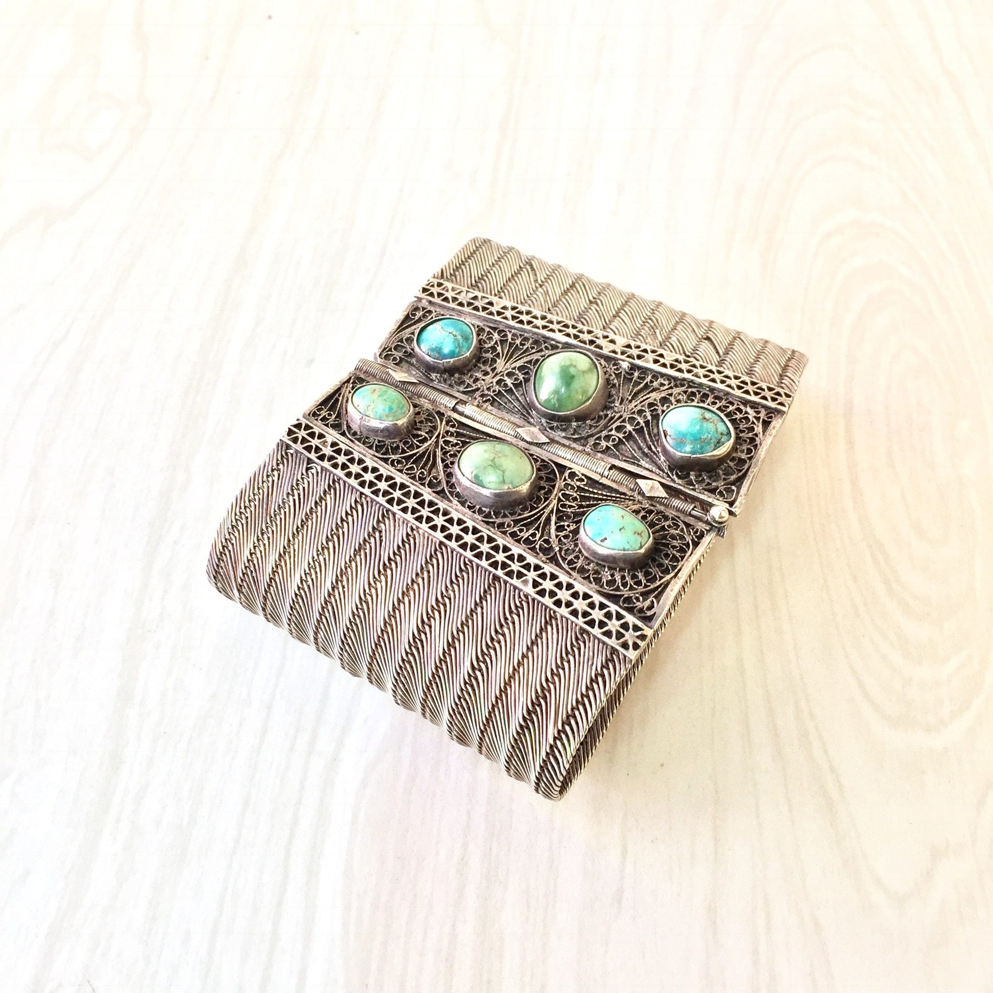 Sterling silver filigree cuff bracelet with turquoise gemstones, ethnic Middle Eastern design, statement jewelry gift idea