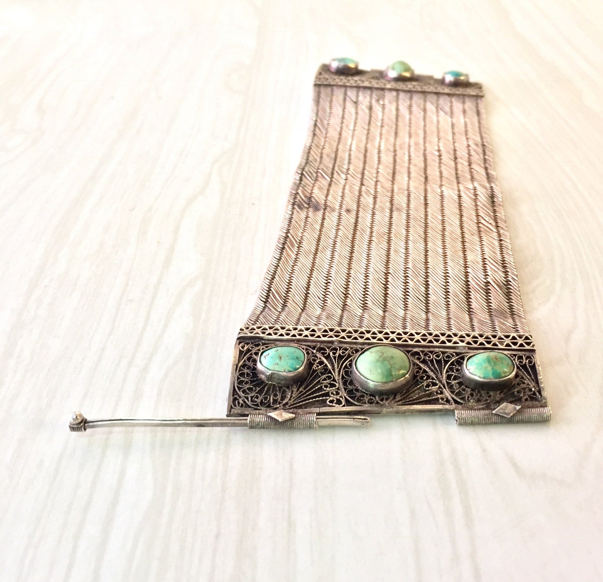 Antique silver filigree bracelet with turquoise accents, ethnic jewelry statement piece