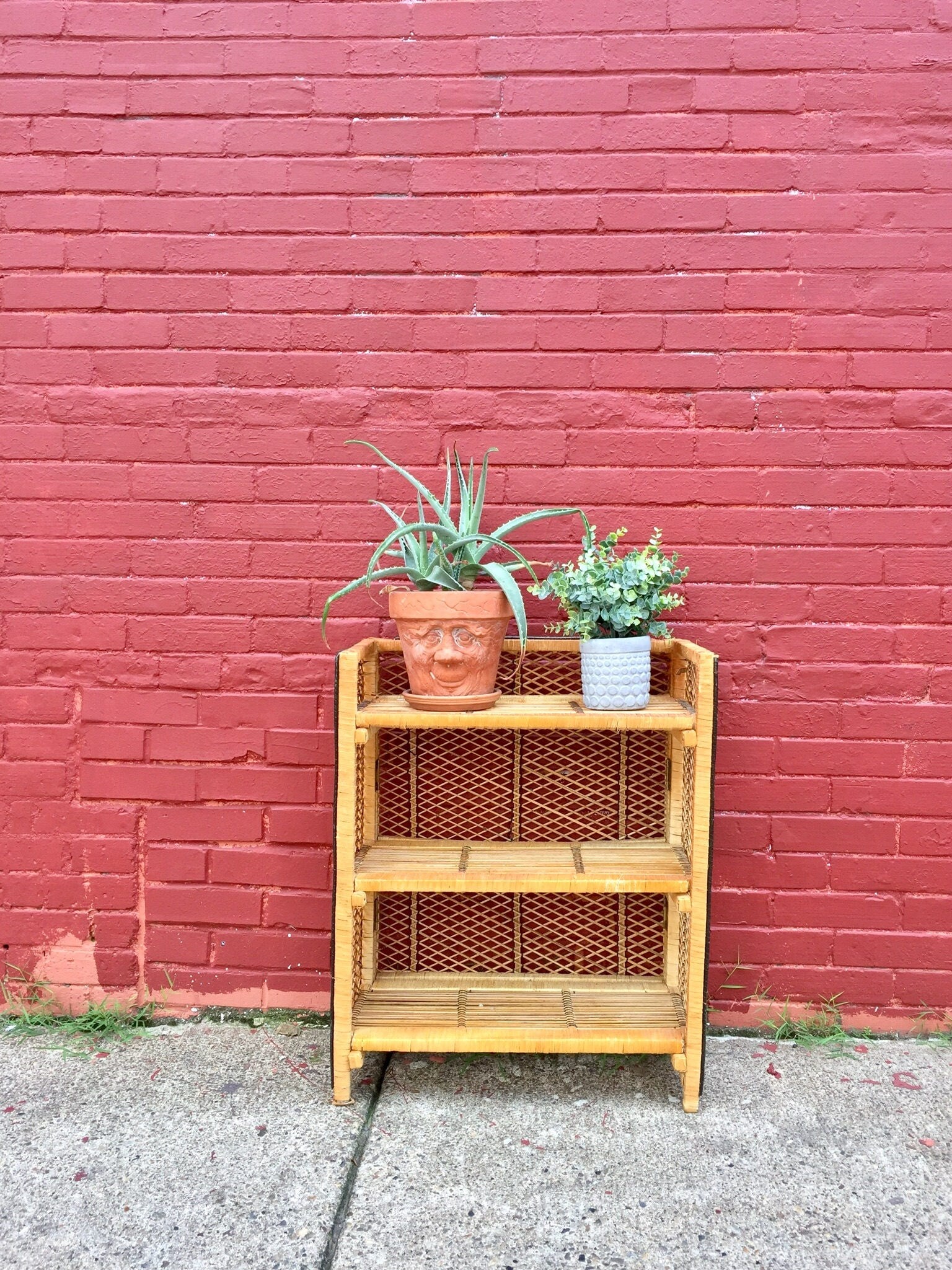 Wooden wicker shelving unit with potted plants in front of a pink brick wall, boho home decor