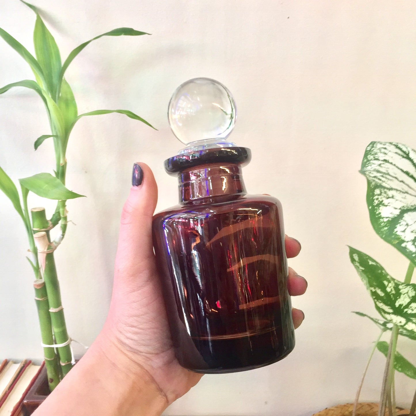 Vintage brown apothecary bottle with glass stopper held in front of plants