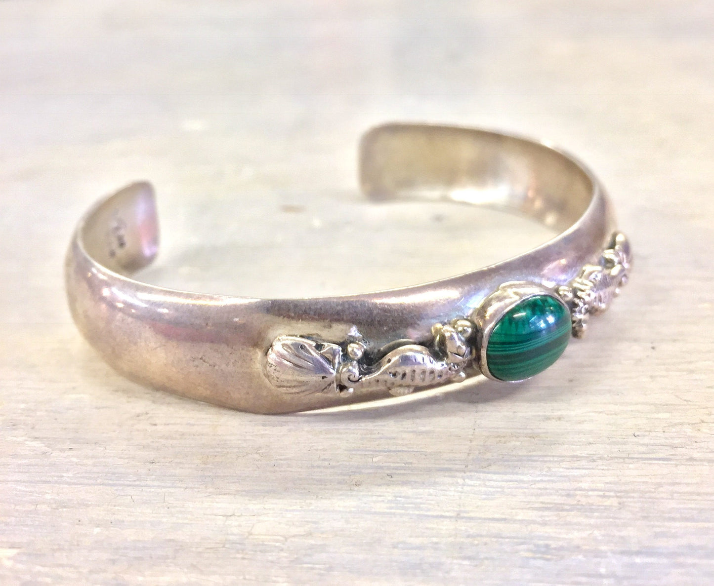 Sterling silver cuff bracelet with malachite stone and seahorse design, vintage jewelry gift