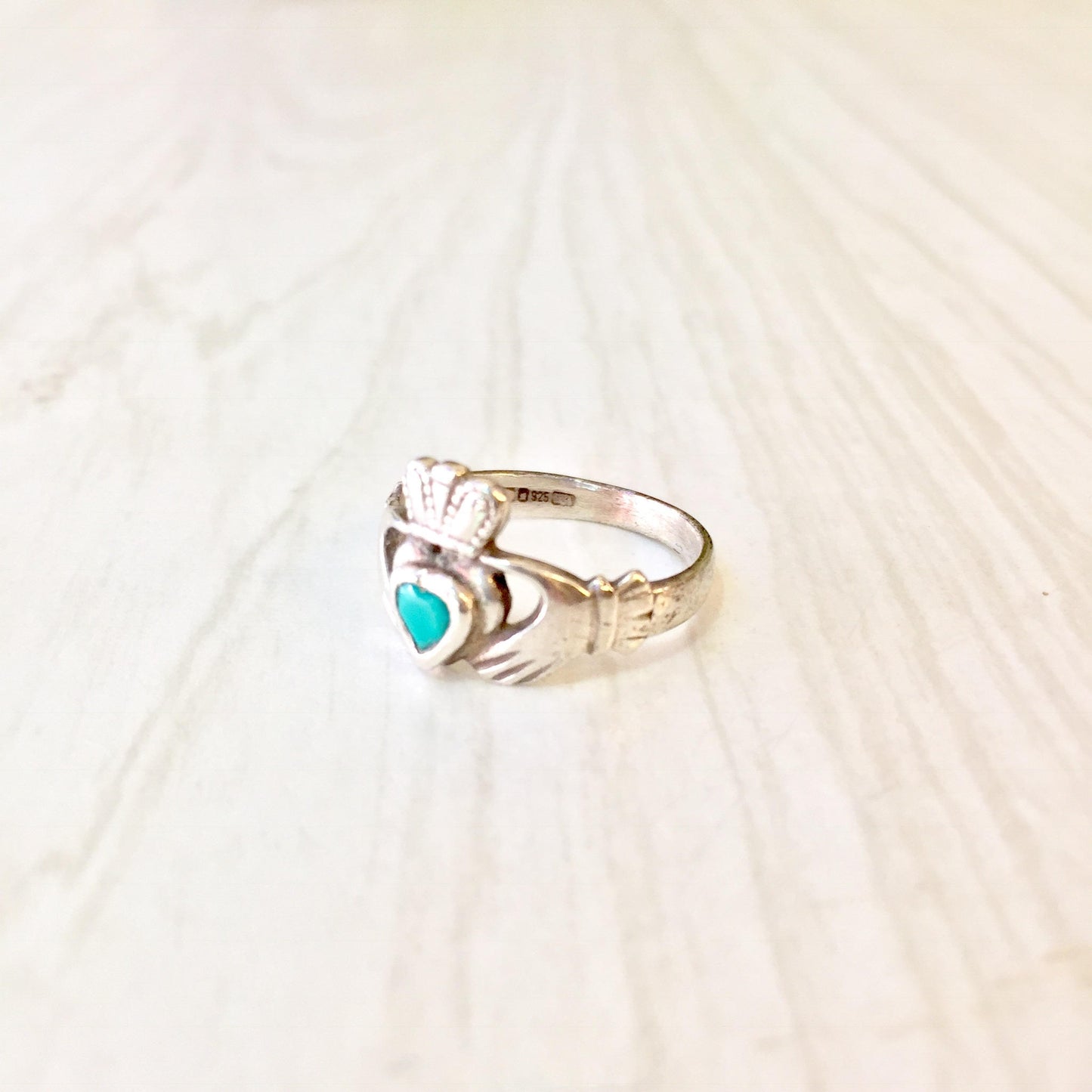 Sterling silver Claddagh ring with turquoise heart-shaped stone, vintage Celtic jewelry gift