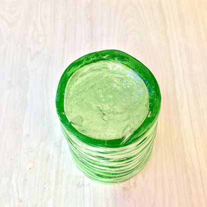 Vintage green vaseline glass cup with rippled texture, depression era hand-blown glass with pontil mark, collectible glassware