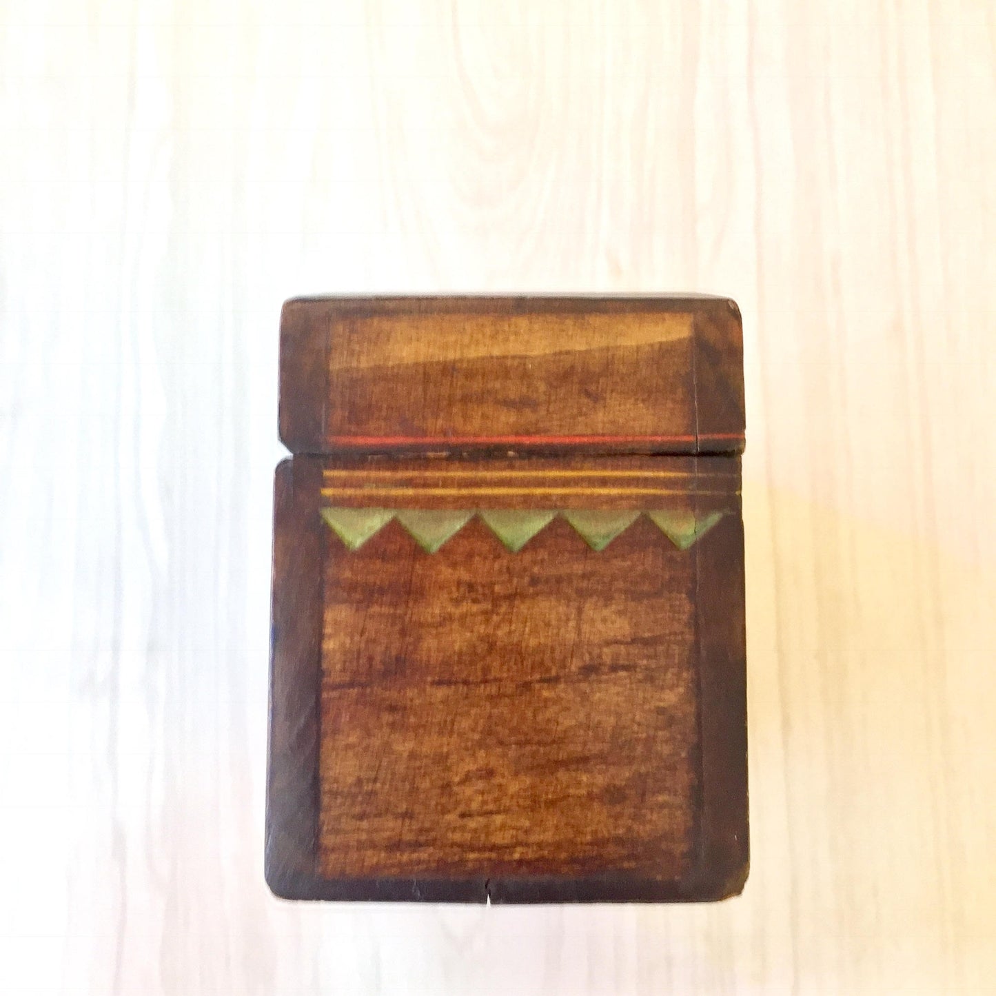 Zakopane hand carved wooden box with geometric pattern and decorative border, perfect for storing recipes, trinkets or business cards. Rustic brown wood finish.