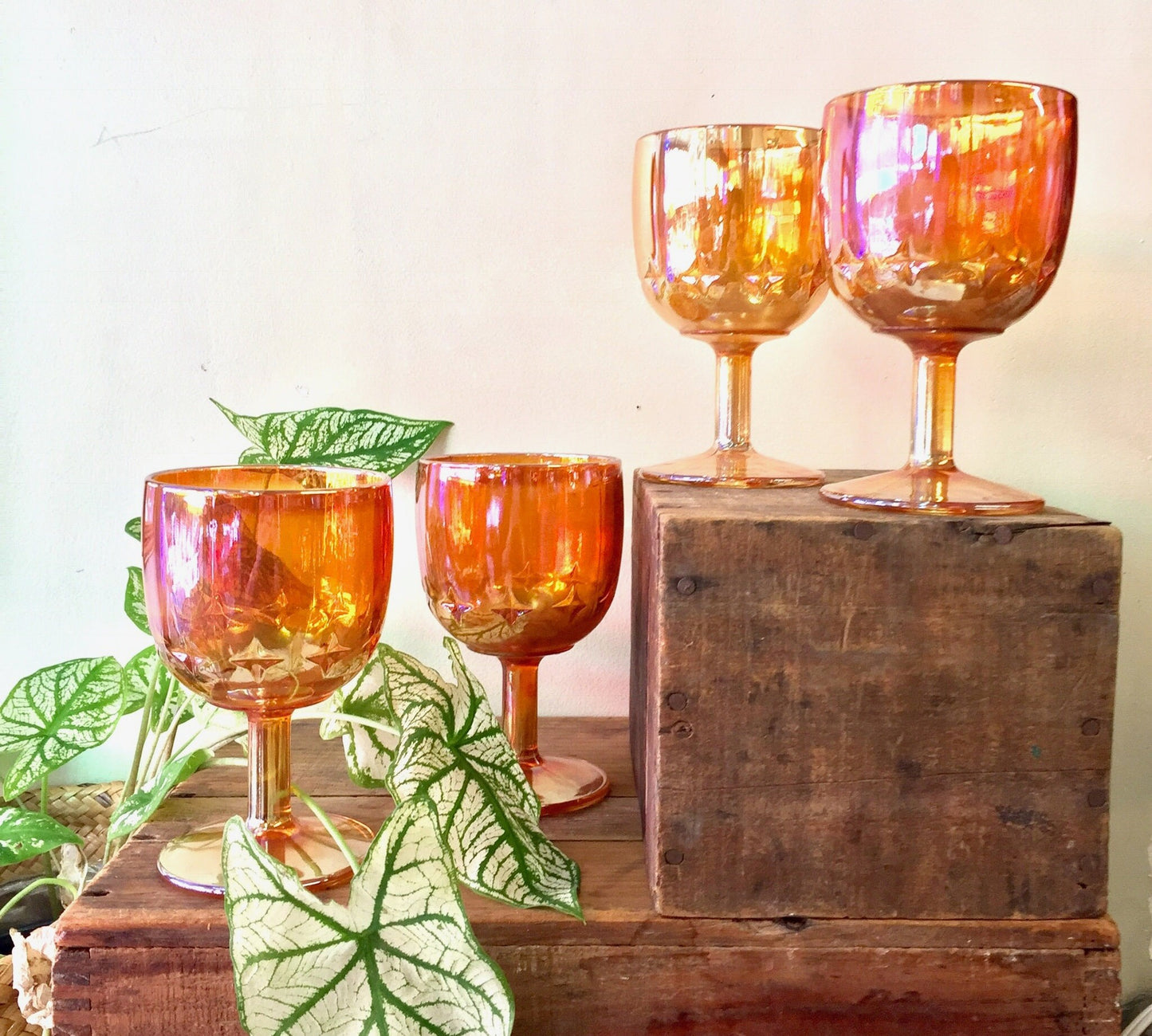 Set of Four Opalescent Wine Glasses | Carnival Glass | Orange Wine Glasses | Home Decor | Glazed Stemware | Wine Glass | Goblet |