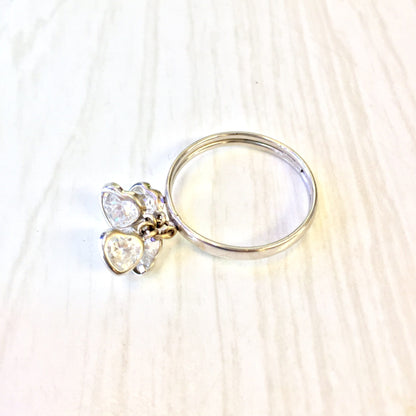 14K white gold ring with dangling heart-shaped cubic zirconia stones, perfect holiday gift idea for her
