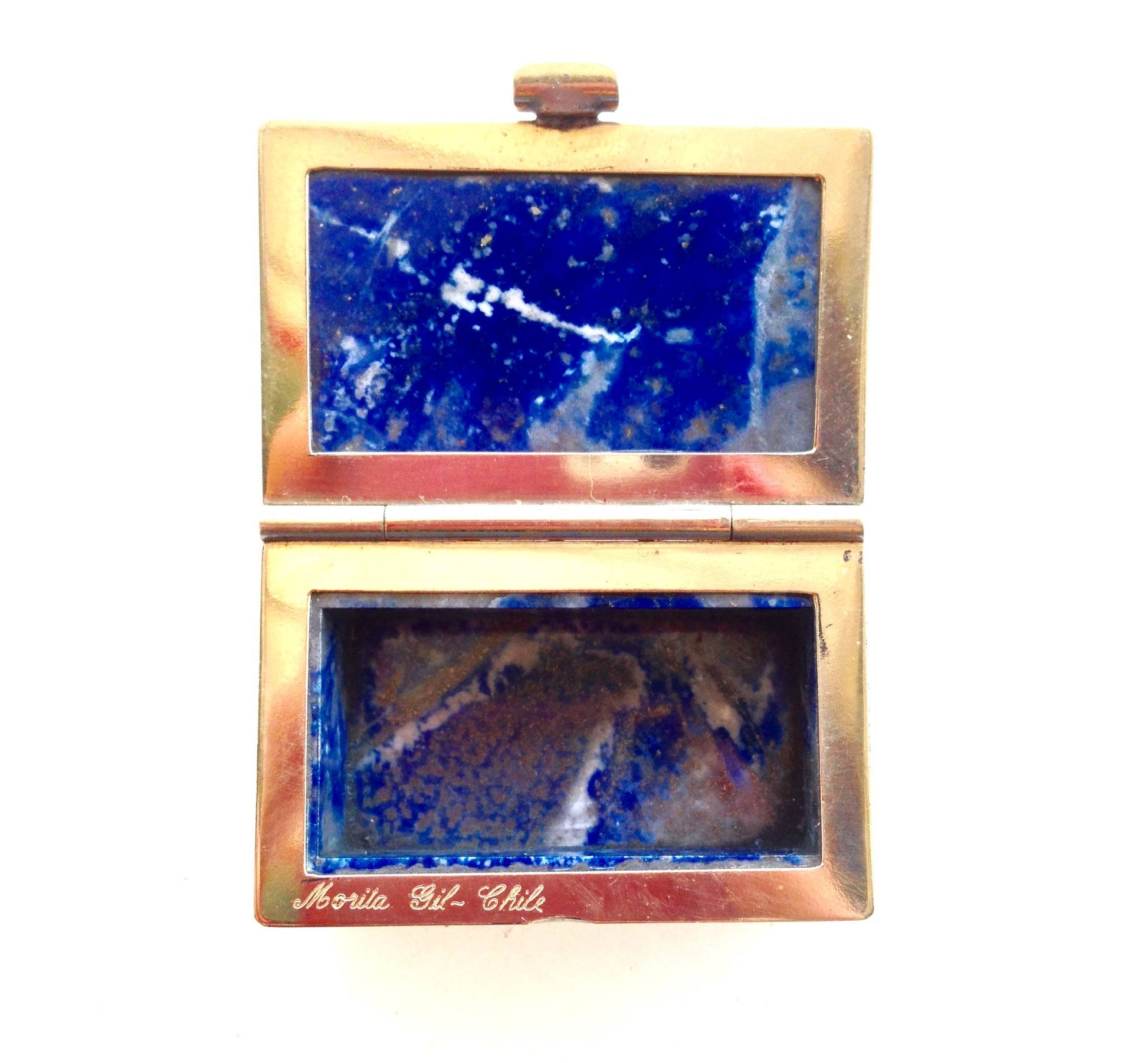 Vintage rectangular Chilean lapis lazuli stone keepsake box with gold lining, featuring deep blue lapis with white calcite veining and inclusions, in an open antique box setting.