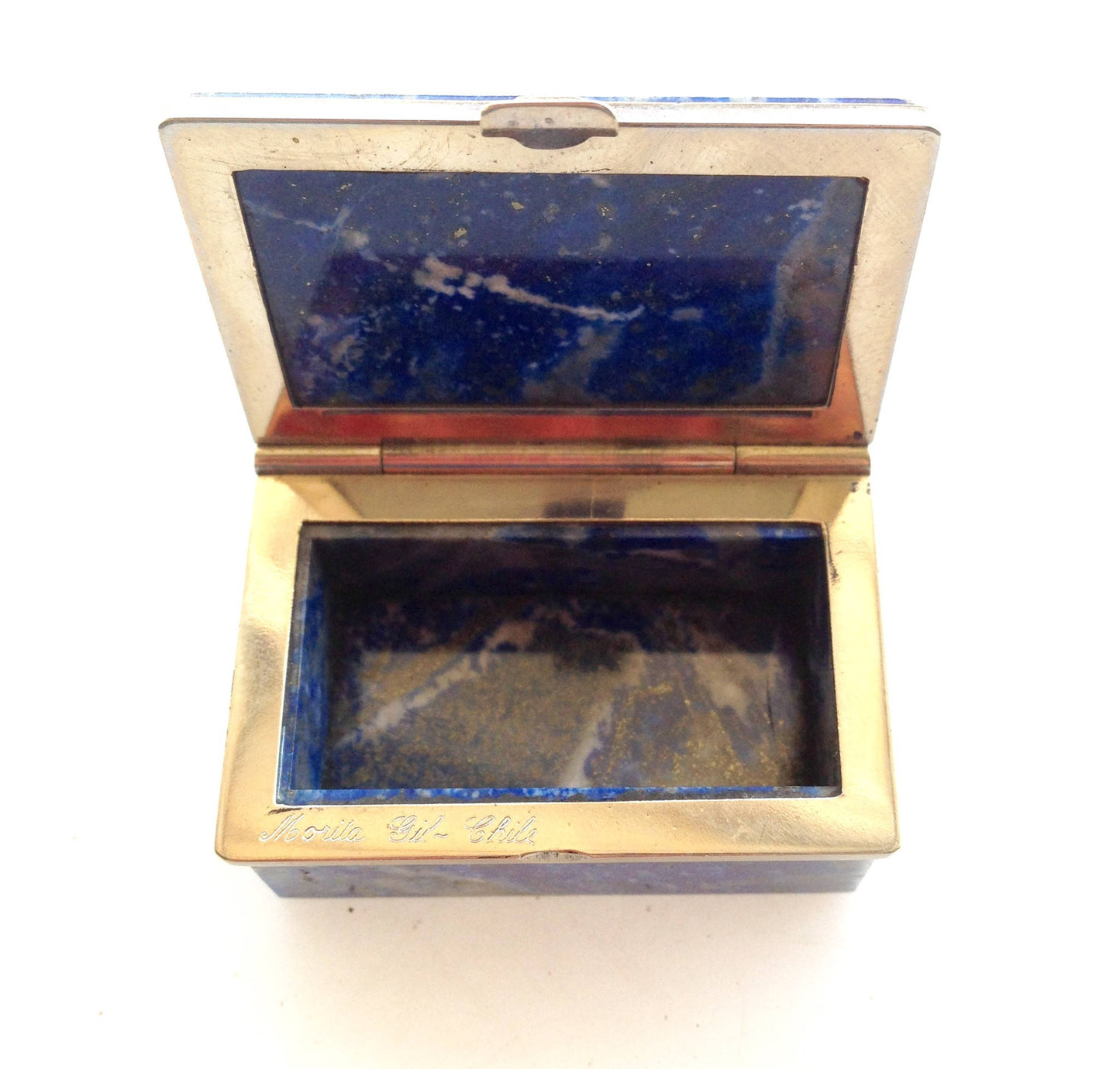 Vintage rectangular gold-lined small antique box with blue lapis stone from Chile, used as a keepsake or trinket box