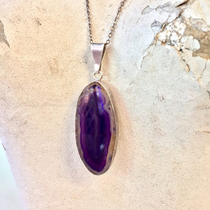 Purple agate pendant necklace in sterling silver, vintage large oval-shaped stone jewelry gift for her