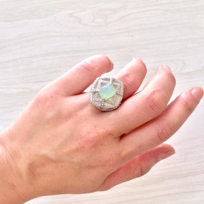 Stunning vintage sterling silver hexagon statement ring with light green stone, perfect engagement or special gift for her