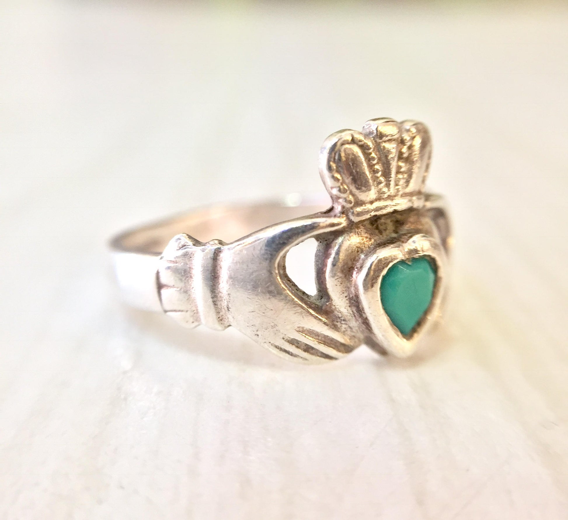 Sterling silver Claddagh ring with blue stone heart, vintage Celtic jewelry gift