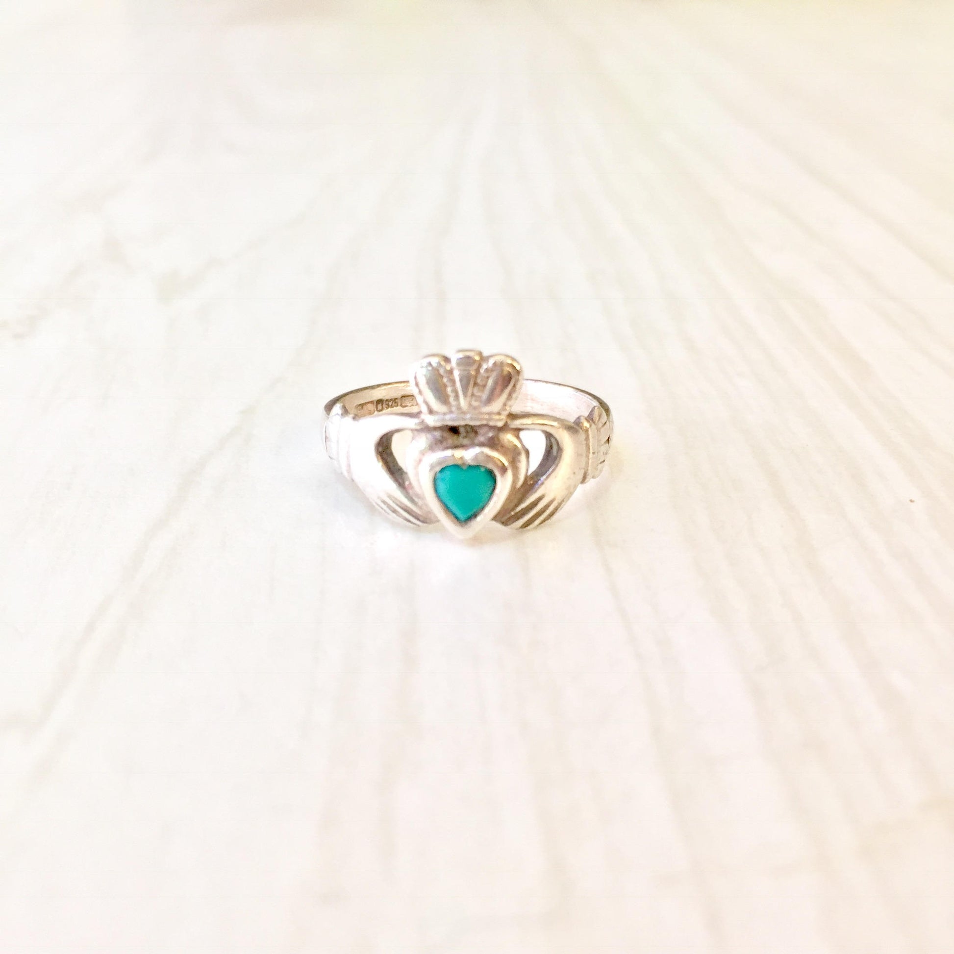 Sterling silver Claddagh ring with blue heart-shaped stone, vintage Celtic jewelry gift