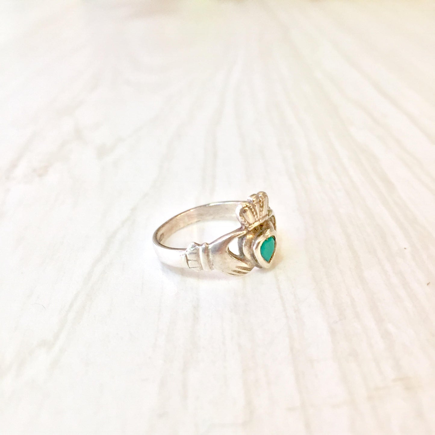 Sterling silver Claddagh ring with blue aqua stone on heart, vintage Celtic jewelry gift