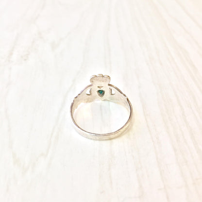 Vintage sterling silver Claddagh ring with aqua blue stone heart, a traditional Celtic jewelry piece and thoughtful gift for her.