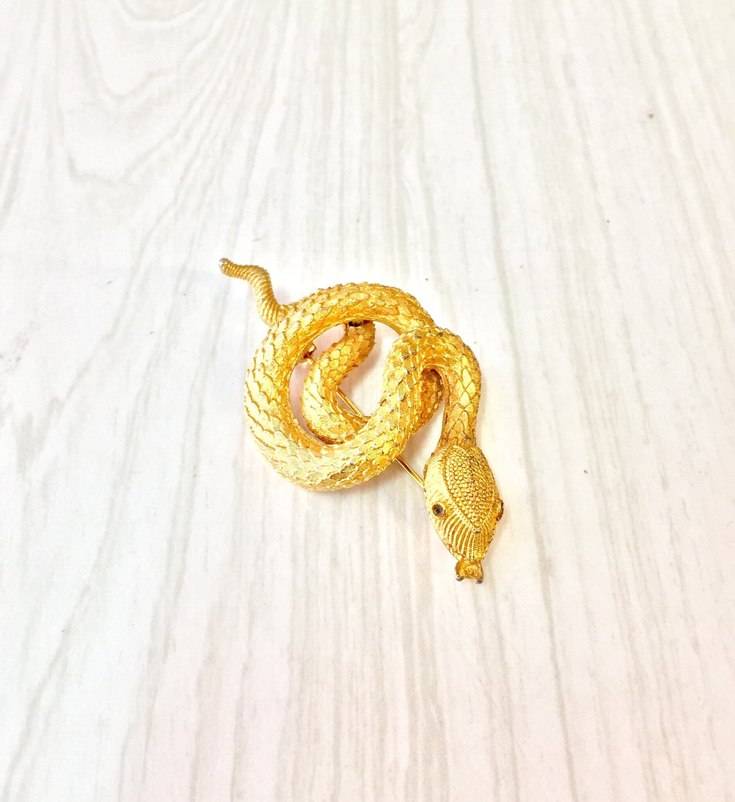 Gold tone coiled snake brooch pin, vintage costume jewelry boho style snake brooch in gold color, unique holiday gift idea